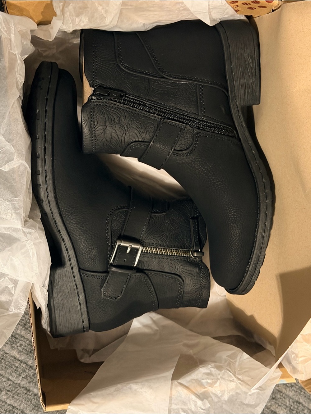 Women's Black Ankle Booties with Side Zip and Buckle
